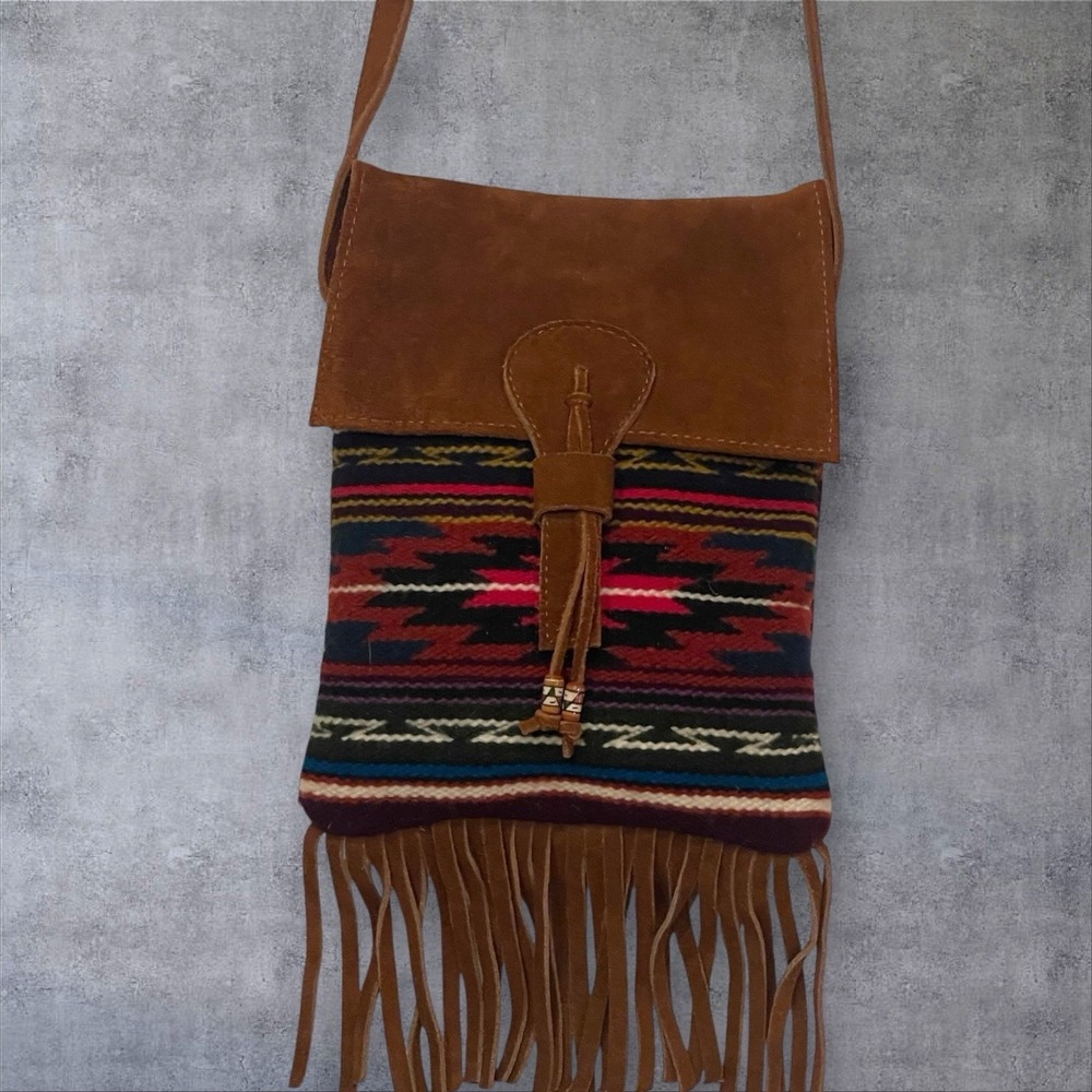 Wool And Leather Crossbody Blanket Shoulder Bag Aztec‎ Southwestern Fringe Boho